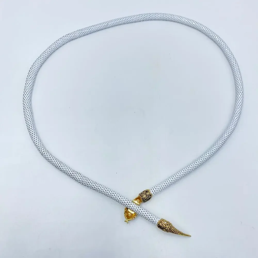 Vintage DL Auld Snake Head White Metal Mesh Adjustable Choker Necklace Or Belt